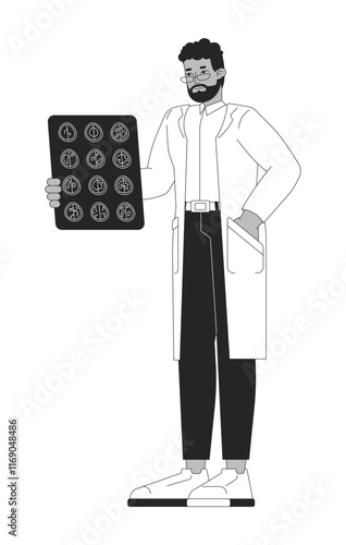 African american male doctor holding brain scan report black and white 2D line character. Black man neurologist in white coat isolated vector outline person. Monochromatic spot illustration