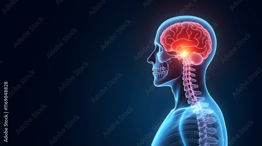Human brain visualized with glowing nerves and red highlights showcasing neurological activity and anatomy insights . Human brain visualized with glowing nerves and red highlights showcasing neurological activity and anatomy insights .