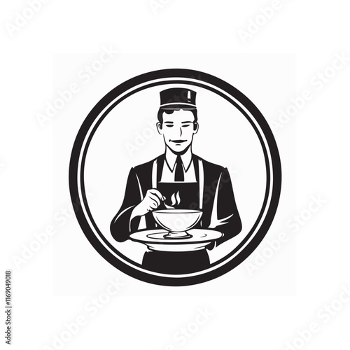 Restaurant Waiter Serving a Cup of Coffee with a Friendly Gesture logo design vector. photo