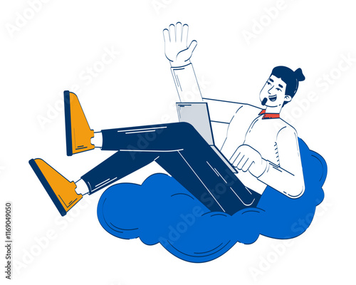 Relaxed male freelancer with laptop waving from fluffy cloud 2D doodle character. Business casual man telecommuting cartoon person vector drawing isolated on white. Hand drawn illustration colorful