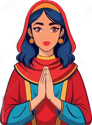 Praying woman wearing traditional red clothes and red headscarf