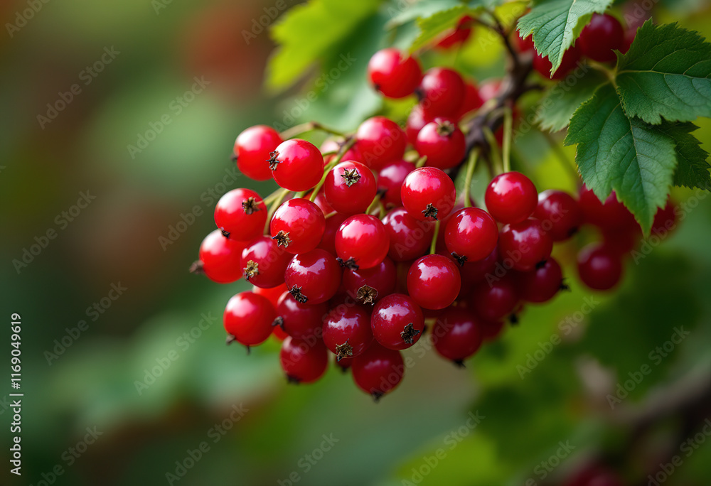 Bunch of ripe red currants on a branch with green leaves Bunch of ripe red currants on a branch with green leaves