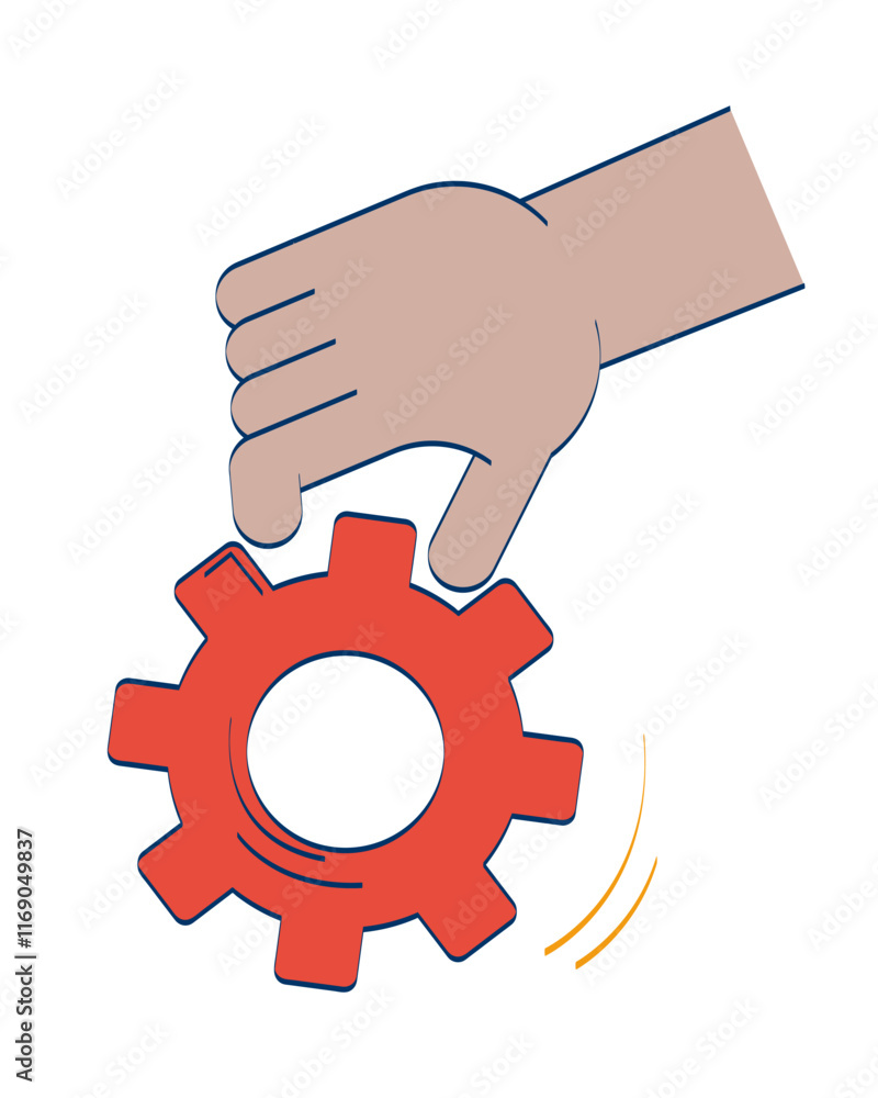 Hand holding gear with motion lines doodle cartoon illustration. Problem solving. Engineering cog cogwheel. Mechanism 2D vector drawing isolated on white background. Editable hand-drawn clipart