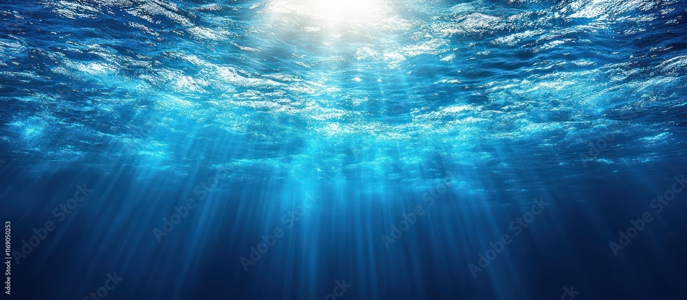 Underwater sunbeams shining through ocean water. Underwater sunbeams shining through ocean water.