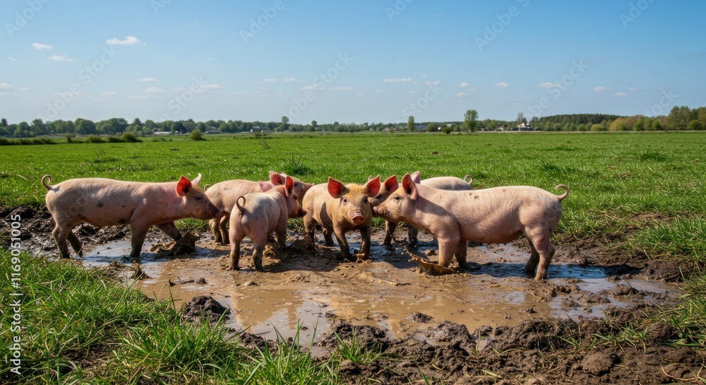 Pink piglets playing in a muddy puddle outdoors Pink piglets playing in a muddy puddle outdoors