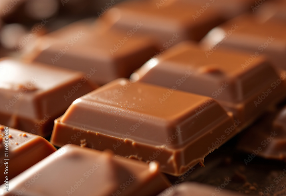 Milk chocolate bars, close-up view showing the smooth, glossy surface and rich brown color of the chocolate Milk chocolate bars, close-up view showing the smooth, glossy surface and rich brown color of the chocolate