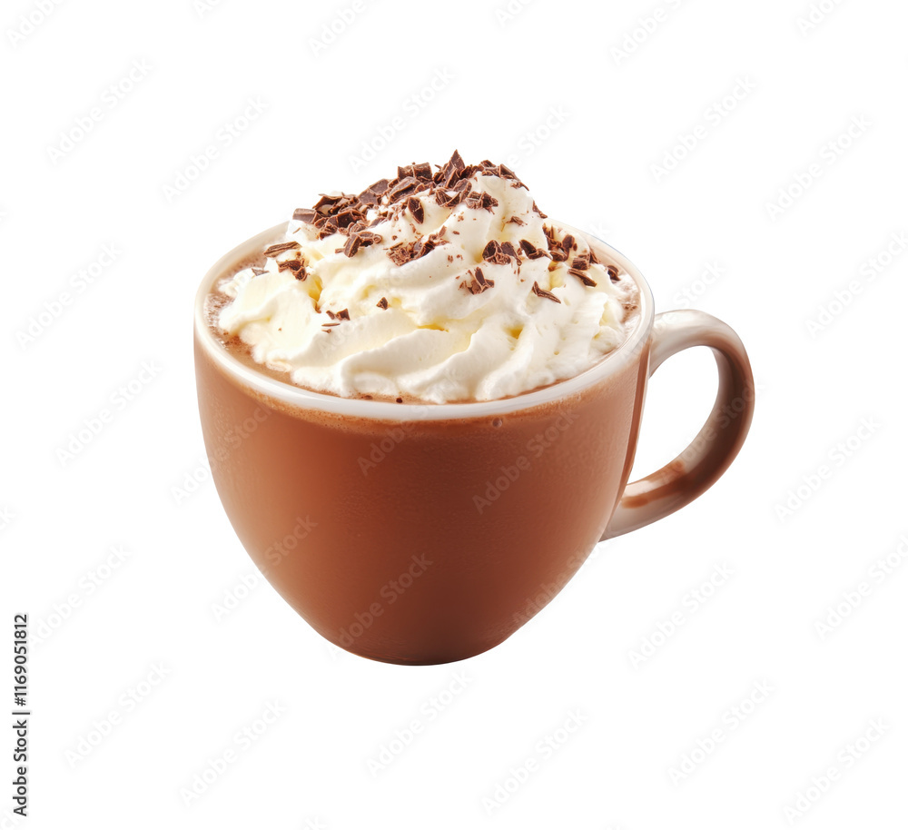 Warm beverage in a brown cup features rich hot chocolate topped with a generous swirl of whipped cream and sprinkled with chocolate shavings, perfect for cozy moments. Warm beverage in a brown cup features rich hot chocolate topped with a generous swirl of whipped cream and sprinkled with chocolate shavings, perfect for cozy moments.