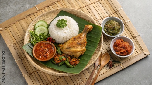 Delicious ayam betutu served with fragrant rice and vibrant side dishes in a traditional setting photo