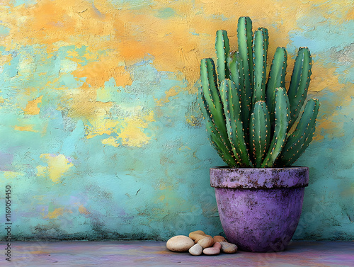 Large green cactus in purple pot against textured wall. photo