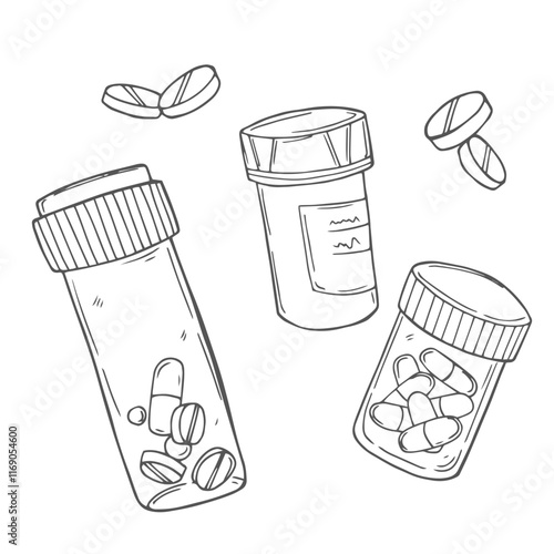 Vector sketch pills, tablet, capsule and package bottle isolated on white background. Hand drawn medical illustration. For print, web, design, decor, logo.