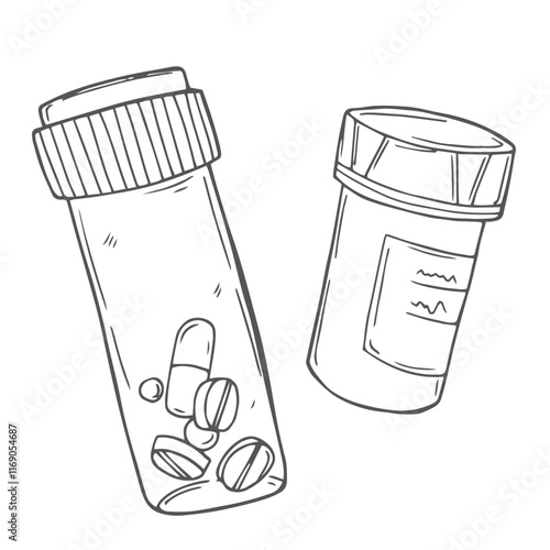 Vector sketch pills, tablet, capsule and package bottle isolated on white background. Hand drawn medical illustration. For print, web, design, decor, logo.