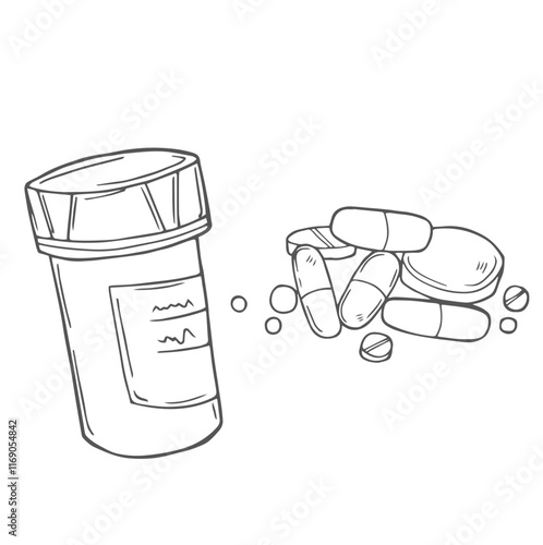 Vector sketch pills, tablet, capsule and package bottle isolated on white background. Hand drawn medical illustration. For print, web, design, decor, logo.