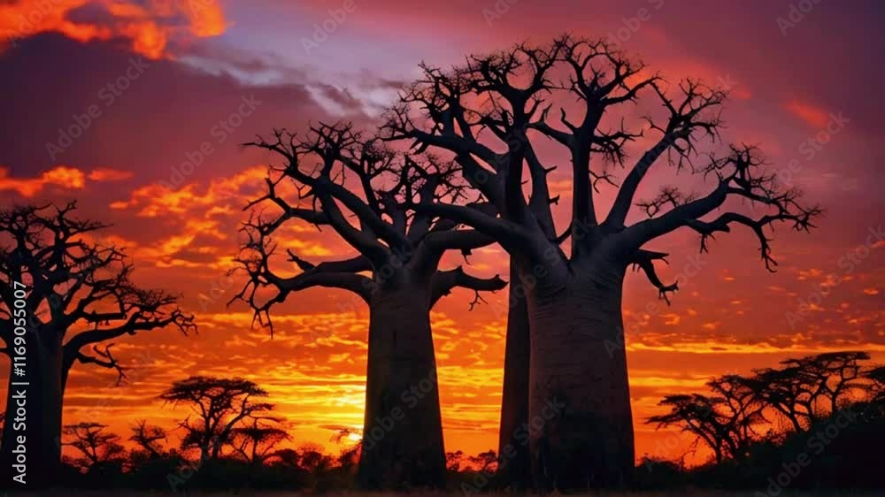 A rare sunset with a gradient sky shifting from deep purple to orange and pink, with the Baobabs creating bold vertical shapes, 4k lofi hip-hop bites landscape music video A rare sunset with a gradient sky shifting from deep purple to orange and pink, with the Baobabs creating bold vertical shapes, 4k lofi hip-hop bites landscape music video
