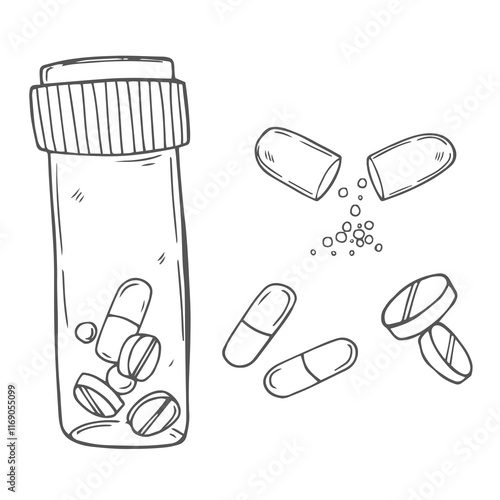 Vector sketch pills, tablet, capsule and package bottle isolated on white background. Hand drawn medical illustration. For print, web, design, decor, logo.