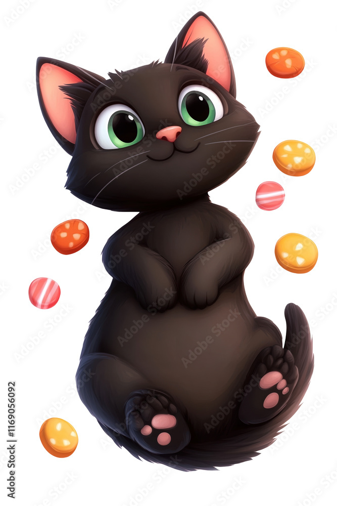 Cartoon cute black kitten lying on back surrounded by sweets isolated on white or transparent background, png clipart, design element. Easy to place on any other background. Cartoon cute black kitten lying on back surrounded by sweets isolated on white or transparent background, png clipart, design element. Easy to place on any other background.