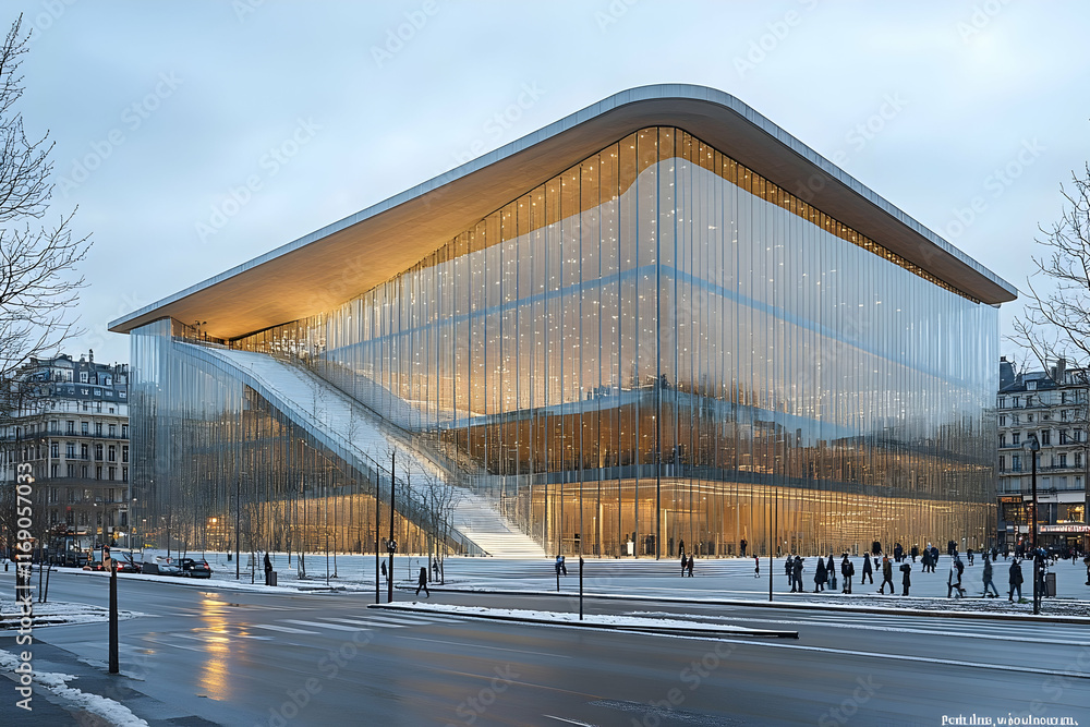 Modern glass library building with exterior ramp at dusk. Modern glass library building with exterior ramp at dusk.