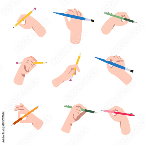 Set of hands with pens and pencils in doodle style isolated gesturing human arms. Vector  Fingers with pen, pencil and bank card