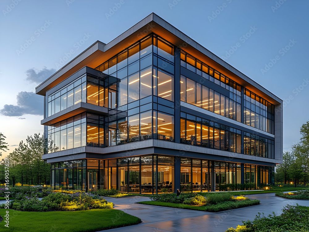 Modern glass office building at dusk. (3) Modern glass office building at dusk. (3)