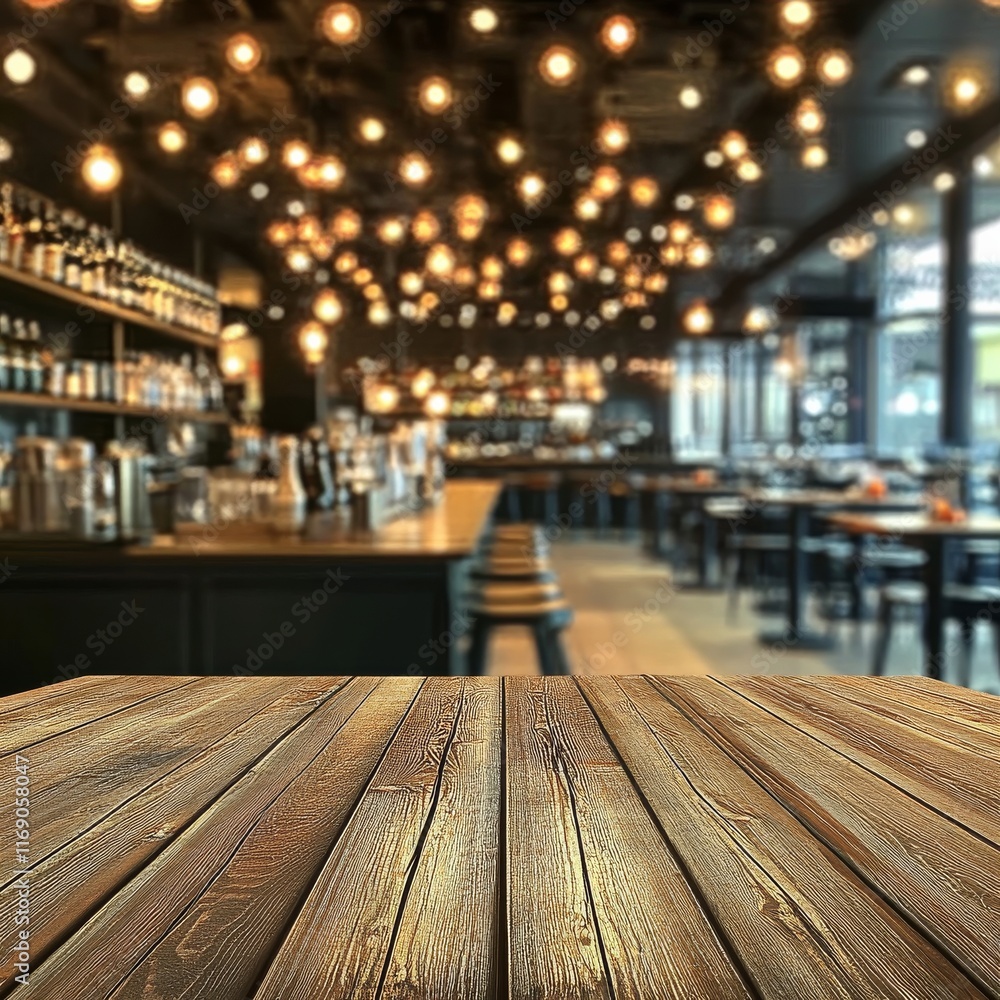 Empty wooden table top with lights bokeh on blur restaurant background. Empty wooden table top with lights bokeh on blur restaurant background.