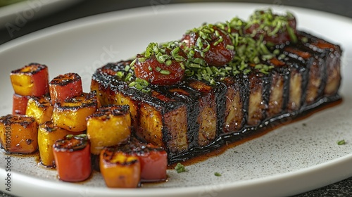 Grilled tofu steak with roasted peppers on a plate in a restaurant. photo