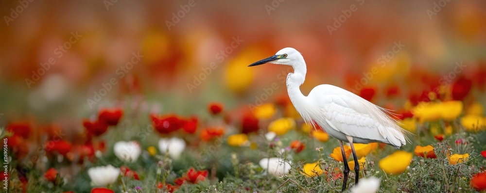 Obraz premium Elegant white bird standing amidst vibrant flowers in a colorful field.
