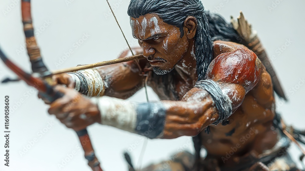Close-up of a muscular male figurine aiming a bow and arrow, showcasing detailed paintwork and intense focus. Close-up of a muscular male figurine aiming a bow and arrow, showcasing detailed paintwork and intense focus.
