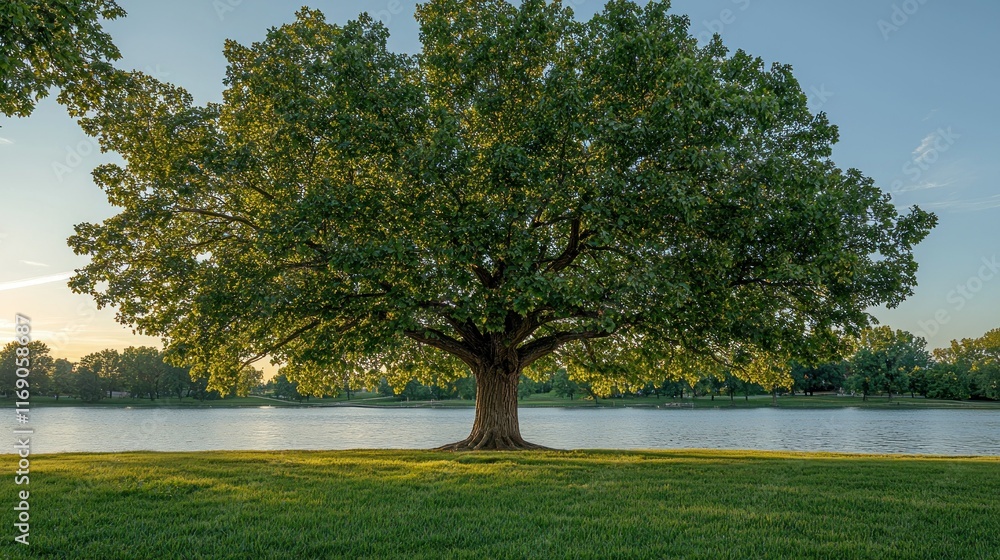 A large tree by a serene lakeside at sunset. A large tree by a serene lakeside at sunset.