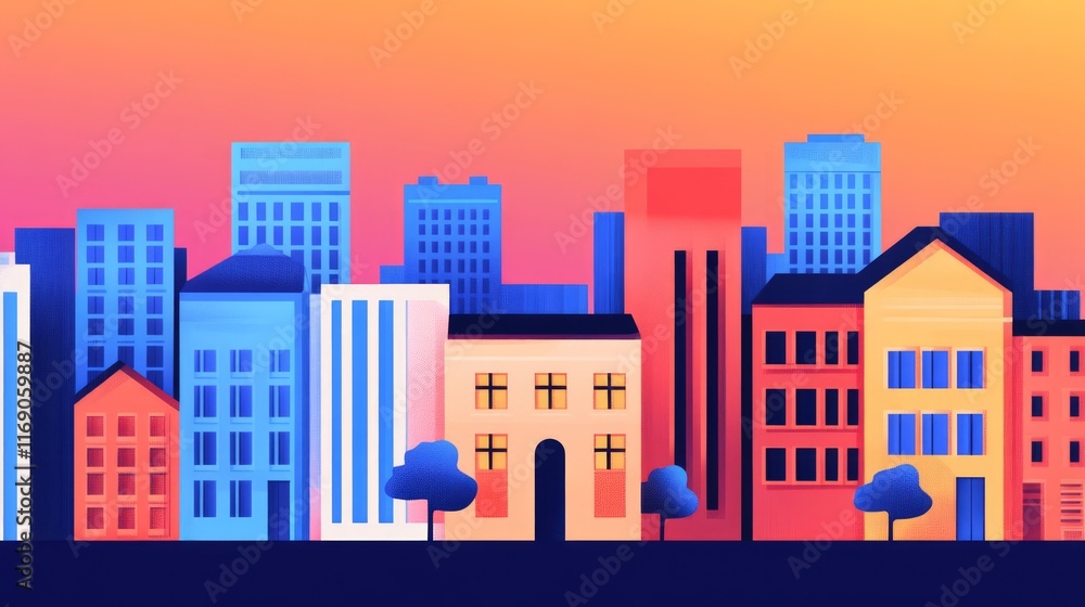 Vibrant Abstract Cityscape Illustration Featuring Diverse Building Shapes and Colors Against a Bright Gradient Sky at Dusk Vibrant Abstract Cityscape Illustration Featuring Diverse Building Shapes and Colors Against a Bright Gradient Sky at Dusk