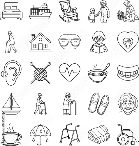 PrintSenior Care Retirement, Healthcare, Leisure, and Comfort Icons