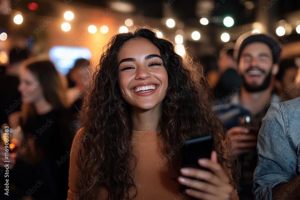 A cheerful young woman is posing with a smartphone in a vibrant social setting filled with light and laughter, capturing the essence of joy in shared experiences. A cheerful young woman is posing with a smartphone in a vibrant social setting filled with light and laughter, capturing the essence of joy in shared experiences.