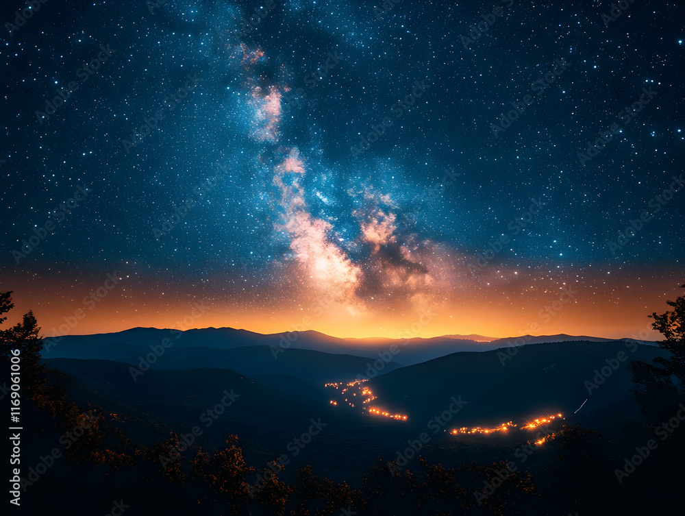 Majestic Milky Way galaxy over a mountain valley at night, glowing with stars and lights. Majestic Milky Way galaxy over a mountain valley at night, glowing with stars and lights.