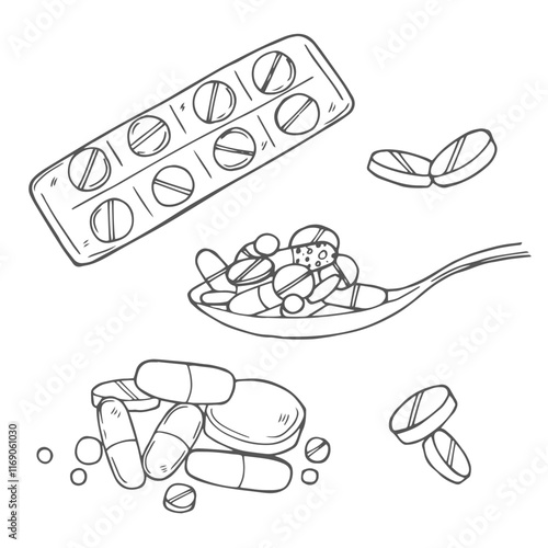 Sketch pills. Capsules, pills and tablets in blister packs. Hand drawn medical illustration.