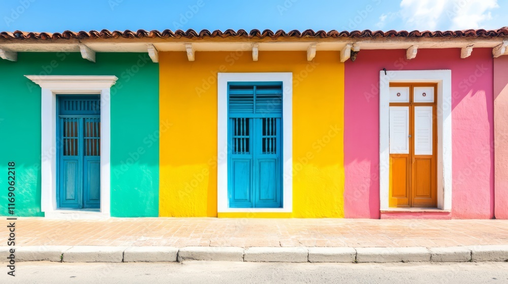 Vibrant Colorful Facades of Colonial Buildings Featuring Blue, Yellow, Green, and Pink Doors Against a Bright Sky in a Historic Latin American Town Vibrant Colorful Facades of Colonial Buildings Featuring Blue, Yellow, Green, and Pink Doors Against a Bright Sky in a Historic Latin American Town