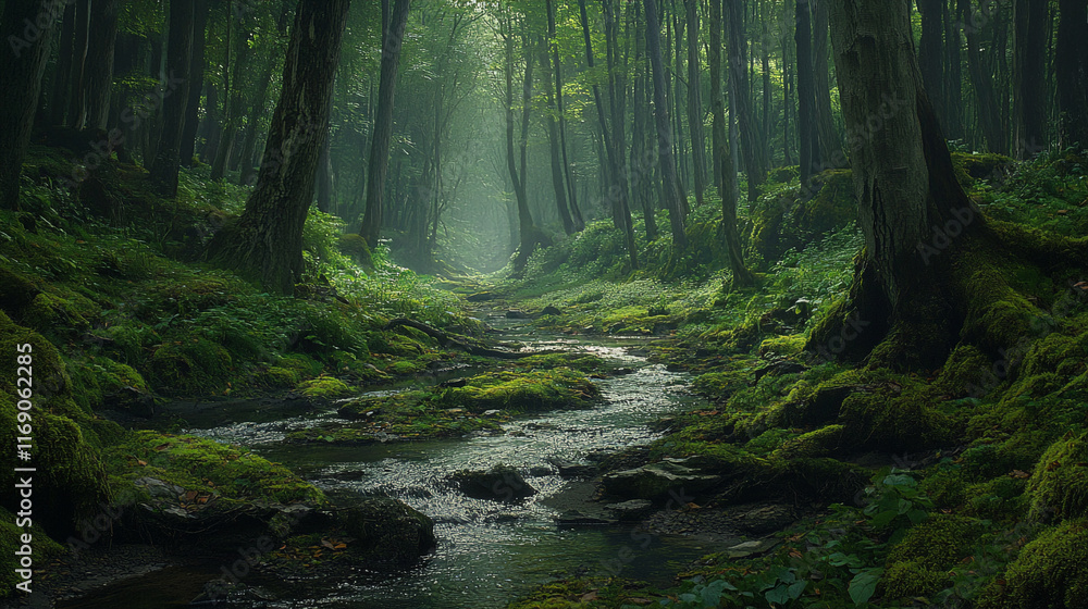 Obraz premium Serene forest landscape with a gentle stream flowing through lush greenery