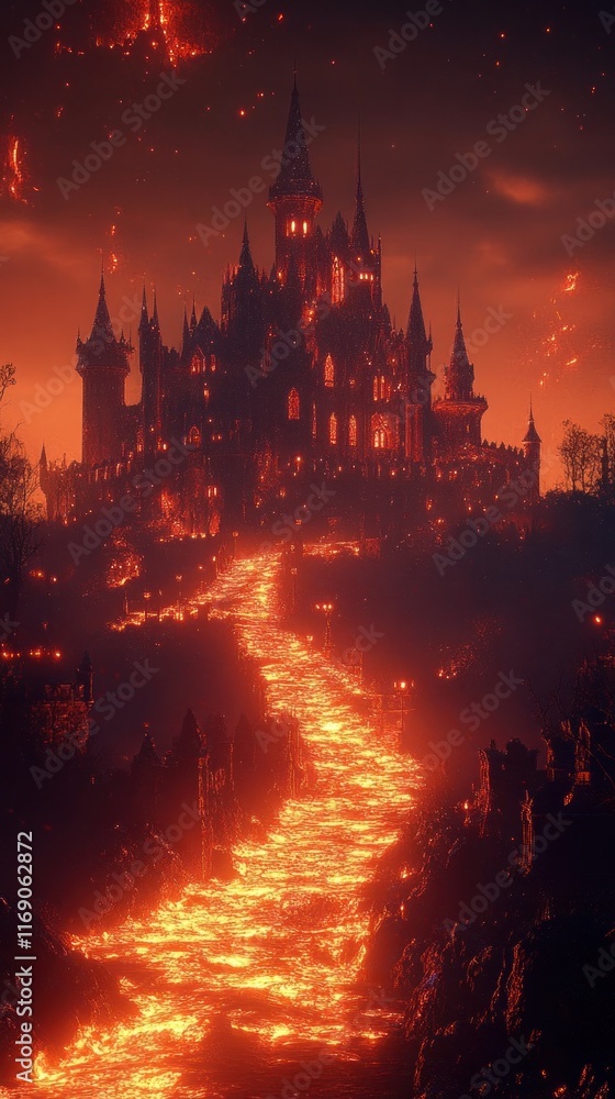 Fototapeta premium Apocalyptic Fiery Enchanted Castle in Surreal Molten Landscape Dramatic Cinematic Image of a Medieval Fantasy Castle Engulfed in Flames and Lava Erupting from a Volcanic Underworld