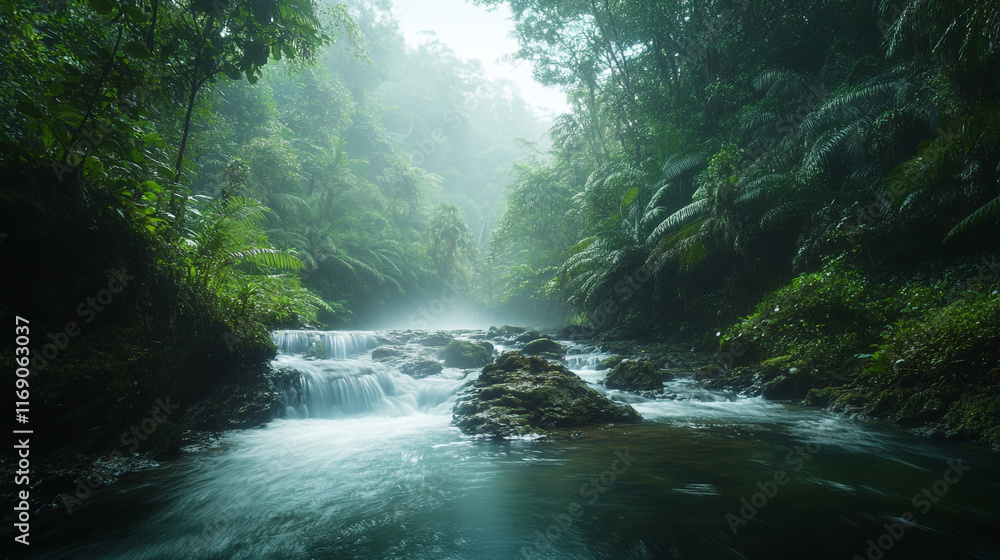 Fototapeta premium Peaceful river flows through lush green jungle in a misty morning landscape