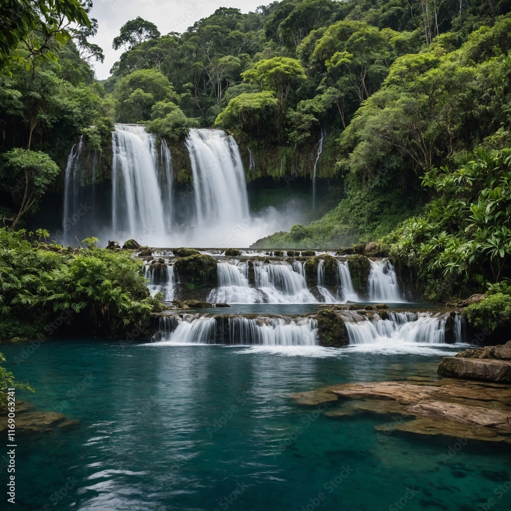 Obraz premium A large, picturesque waterfall crashing into a clear pool below, surrounded by lush greenery.