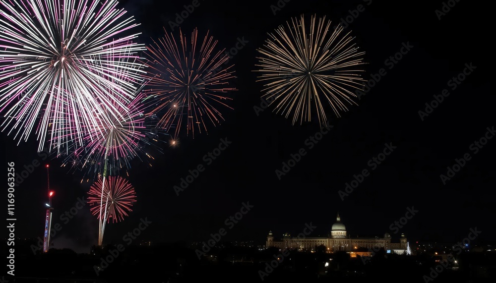 Vibrant Pink and Purple Fireworks Explode Against a Dark Night Sky Vibrant Pink and Purple Fireworks Explode Against a Dark Night Sky