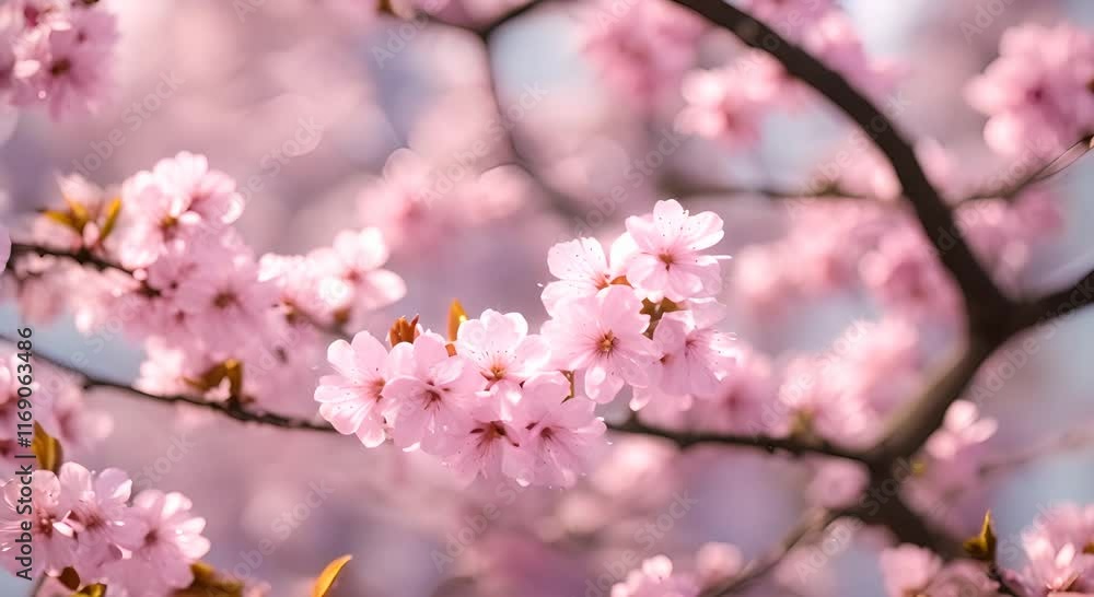 Blossoming Spring a blooming cherry blossom tree with petals drifting in the breeze, while the camera slowly pans to reveal the surrounding park and its vibrant life Blossoming Spring a blooming cherry blossom tree with petals drifting in the breeze, while the camera slowly pans to reveal the surrounding park and its vibrant life