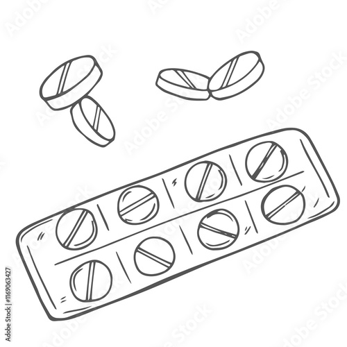 Sketch illustration of pills blister. Drugstore product. Black outline doodle of round tablets and capsule. Isolated drawing on white