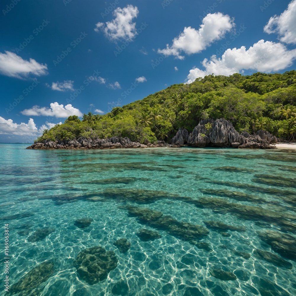 Fototapeta premium A tropical island with lush greenery, crystal-clear water, and a bright sunny sky.