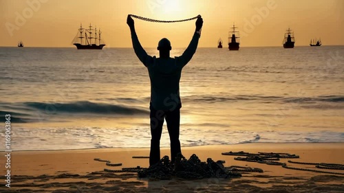 International Day of Remembrance of the Victims of Slavery and the Transatlantic Slave Trade. A man stands on the shore with his arms outstretched toward the sun, symbolizing freedom and hope. 