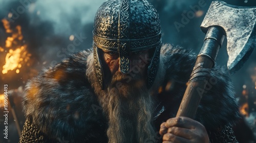 Warrior prepares for battle in a fiery landscape, showcasing strength and determination during an epic clash