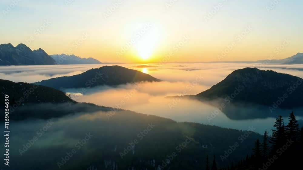Spectacular sunrise over misty mountains and serene lake captured in the early morning light Spectacular sunrise over misty mountains and serene lake captured in the early morning light