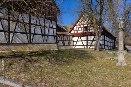 Half-timbered farmhouse, folk architecture in Doubrava, Western Bohemia, Czech Republic