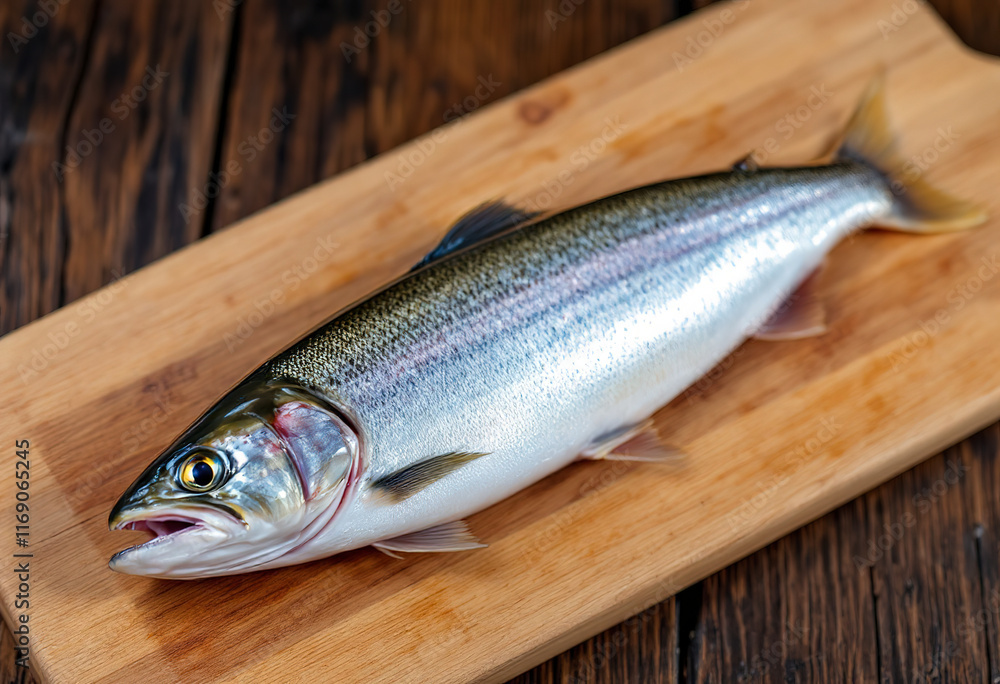 Top view a raw trout on wooden board and wooden background