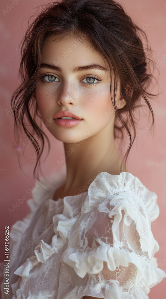 A photograph of an extremely beautiful woman with wavy brown hair, big eyes, and full lips, wearing a white ruffled blouse and posing for the camera in front of a pink wall A photograph of an extremely beautiful woman with wavy brown hair, big eyes, and full lips, wearing a white ruffled blouse and posing for the camera in front of a pink wall