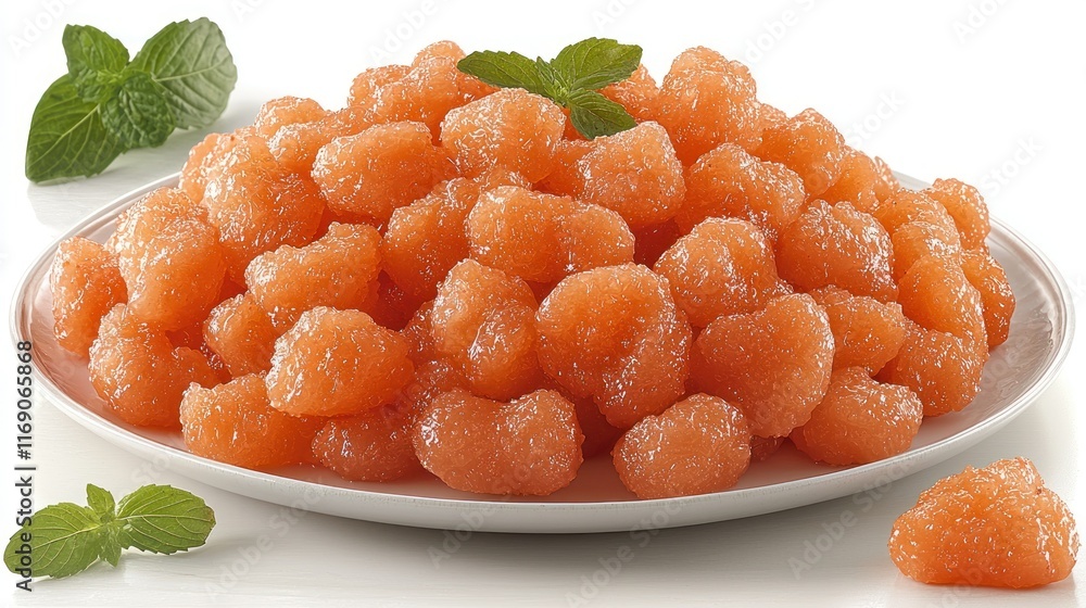 Heart-shaped orange candies on white plate with mint garnish. Heart-shaped orange candies on white plate with mint garnish.