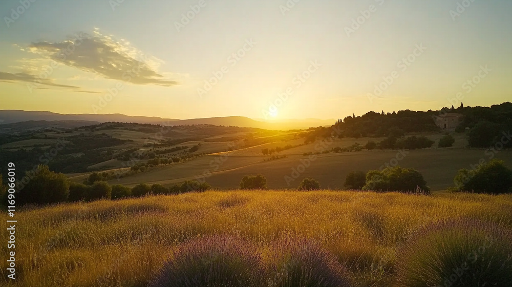 Stunning sunset over rolling hills and lavender fields in the countryside Stunning sunset over rolling hills and lavender fields in the countryside