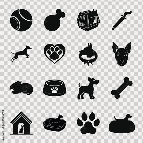 Collection of vector silhouette icons featuring essential dog care elements, including food, toys, accessories, and more, ideal for pet-related designs